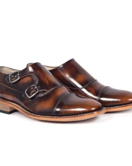 Handmade Goodyear Welted Tan Brush Off Genuine Leather Monk Shoes