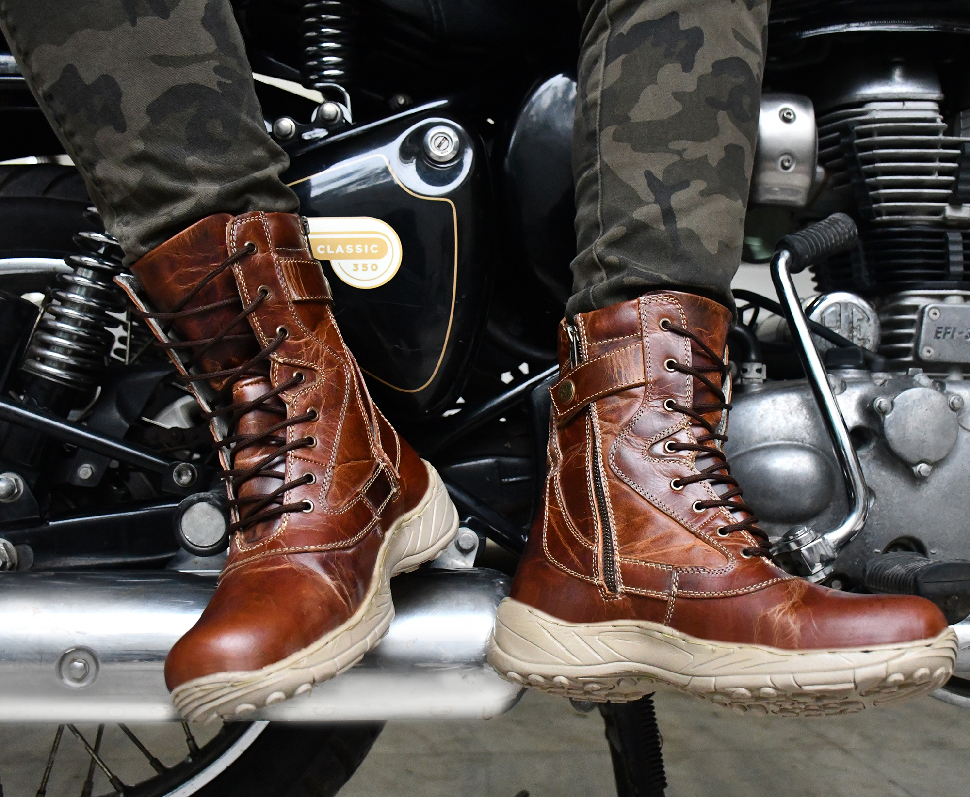Biker Boots : Side zip Tan Rugged Leather 9" full leather boots. Article: 703C-Brown