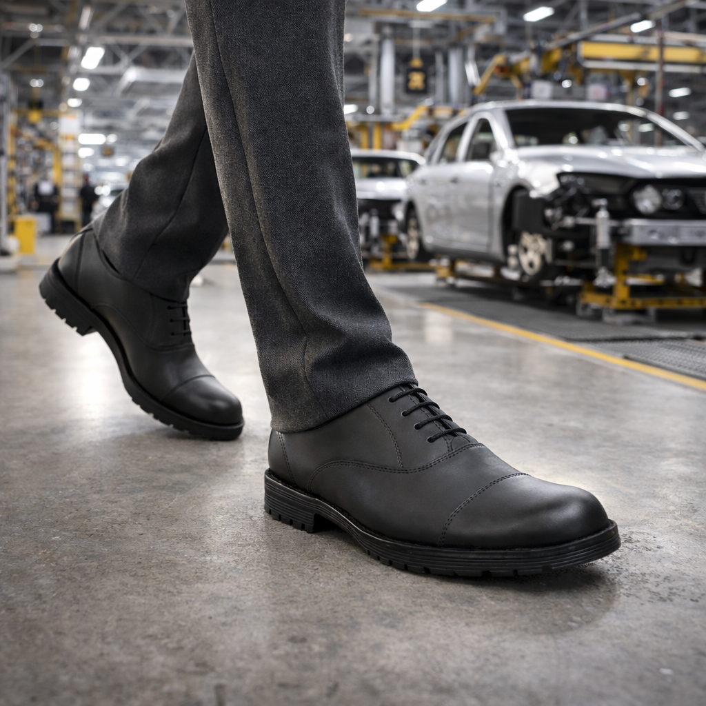 Safety Shoes : Men Genuine leather Oxford Shoes with Steel Toe & Memory foam footpad by asm. Article: S110Black