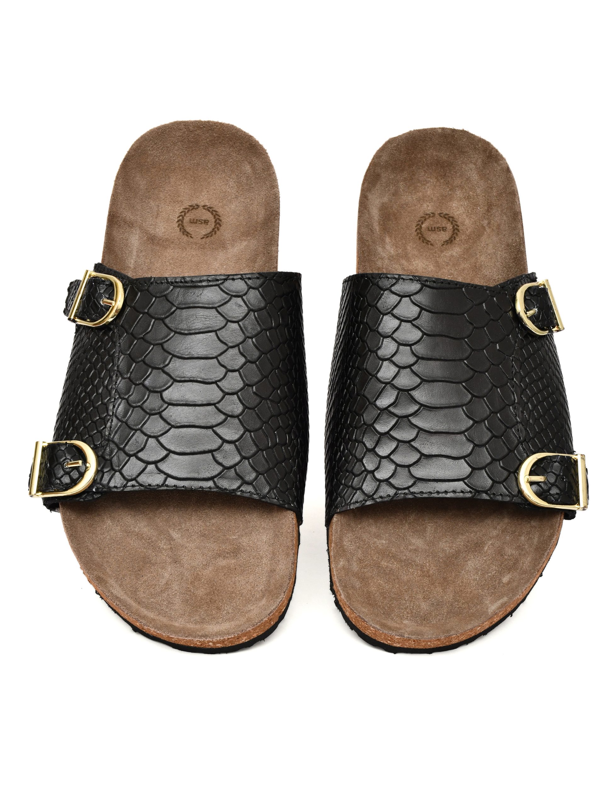 Cork Sandals : Genuine Cobra embossed Black leather with Cork footpad Sandals for men by asm