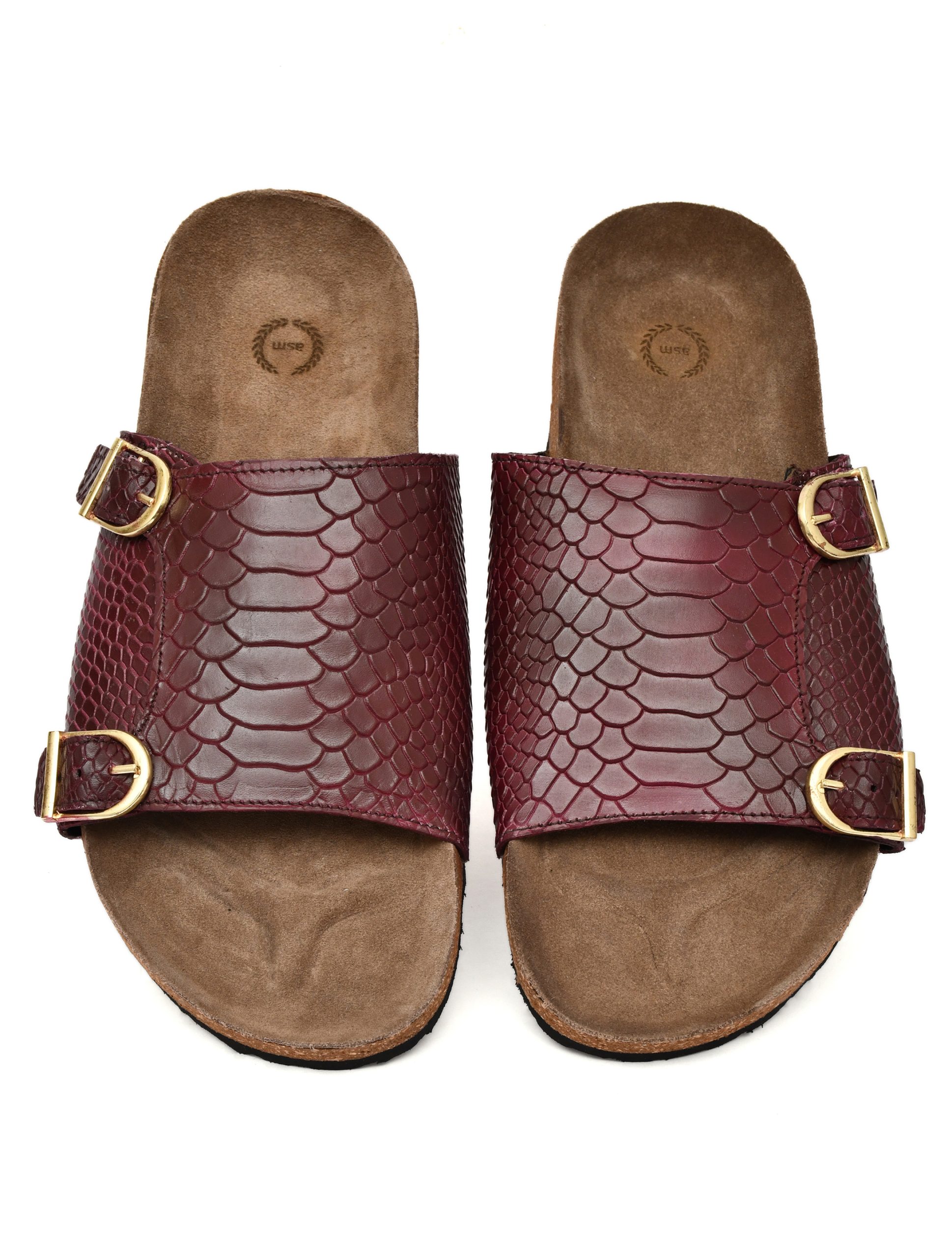 Cork Sandals : Genuine Cobra embossed Wine leather with Cork footpad Sandals for men by asm