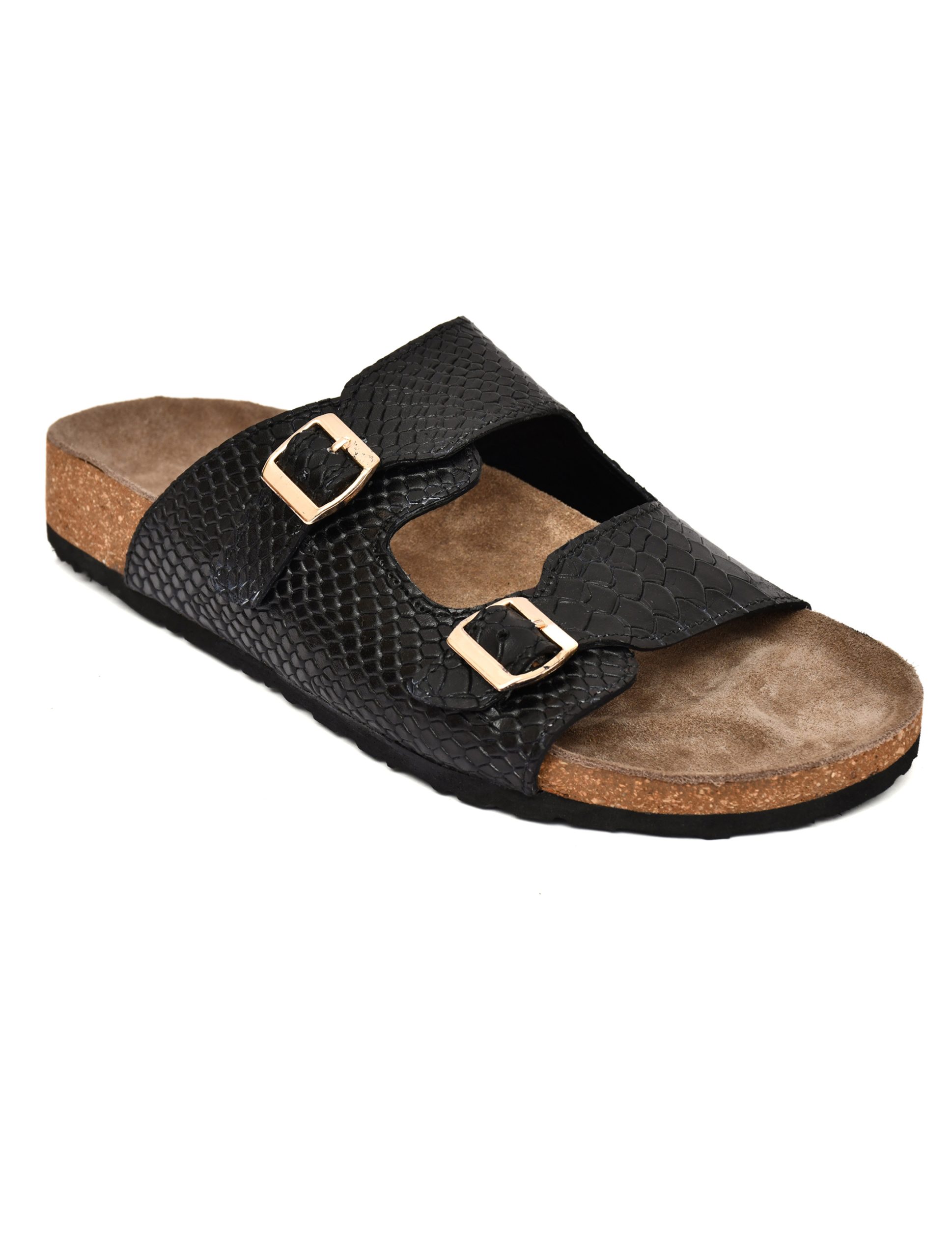 Cork Sandals : Genuine Cobra embossed Black leather with Cork footpad Sandals for men by asm